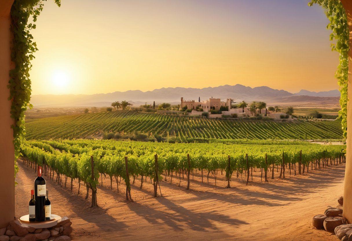 A beautifully arranged vineyard in the Arabian desert, showcasing lush grapevines under a golden sunset sky. Include traditional Arabian architecture in the background, with a detailed map overlay highlighting wine regulations. Add subtle motifs representing different wine varieties and regulations in the foreground. vibrant colors. super-realistic.