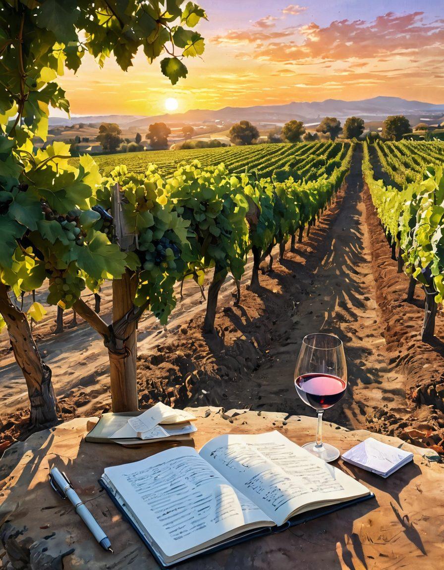 A picturesque vineyard landscape at sunset, showcasing rows of lush grapevines with clusters of ripe grapes. In the foreground, an open notebook and pen with notes on compliance and best practices, blending nature with knowledge. Soft golden light enhances the serene atmosphere, and a distant wine cellar is visible in the background. watercolor style. vibrant colors. airy and inviting.