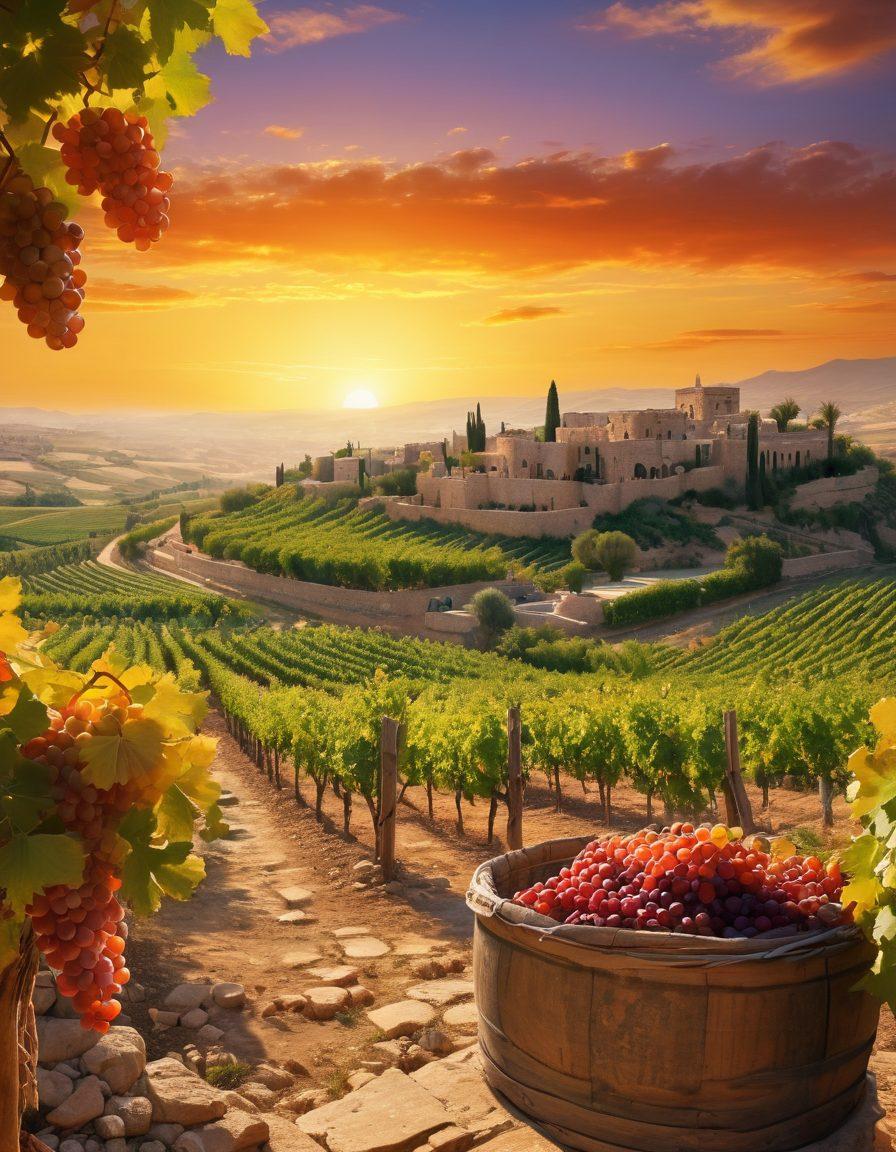A vibrant Middle Eastern vineyard with ancient stone buildings in the background, showcasing diverse grapes being harvested by people in traditional attire. Overlay with elements representing different cultural influences, like intricate patterns and symbols, blending seamlessly into the landscape. The sky should be a radiant sunset, casting warm hues over the scene. super-realistic. vibrant colors.